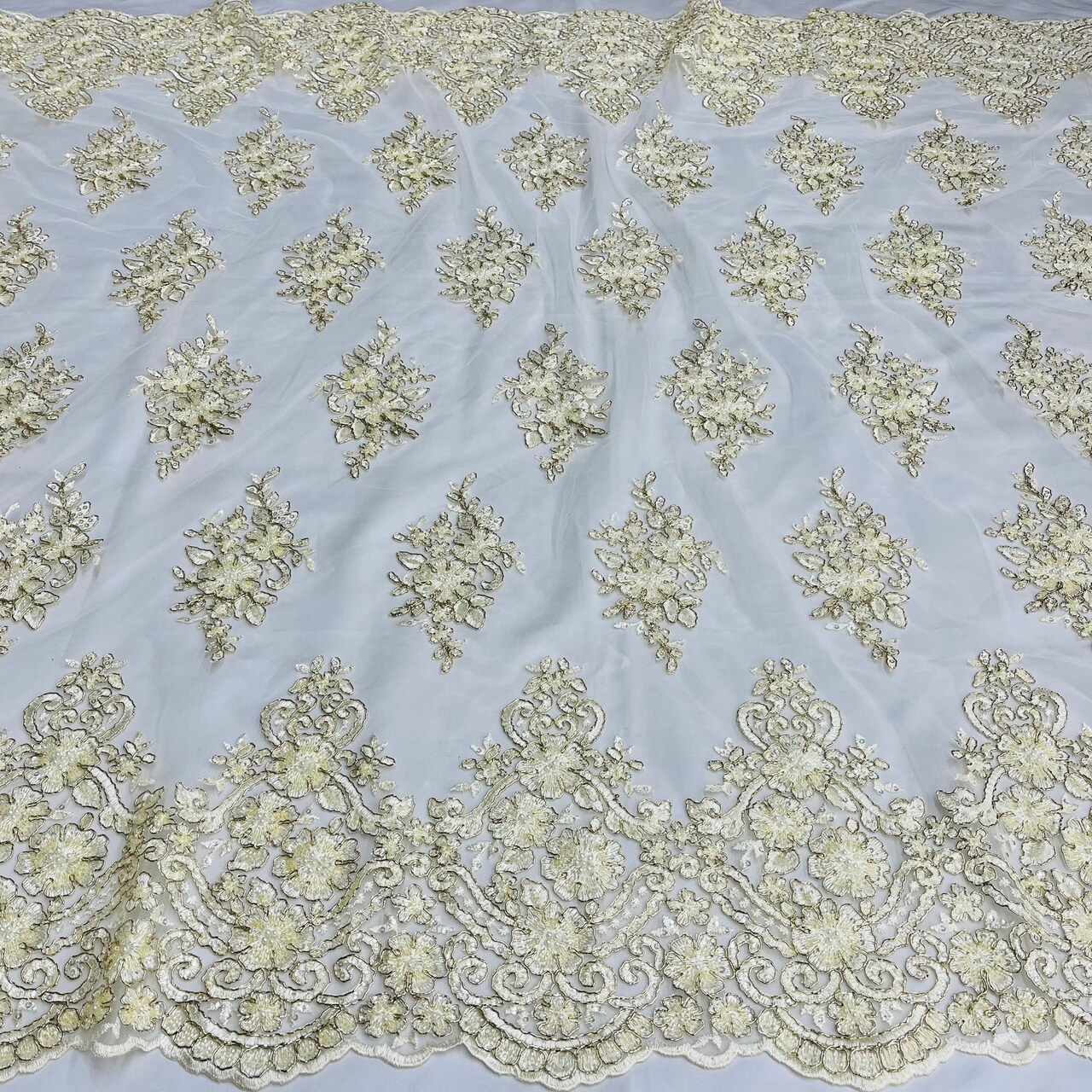 1 Yard Dusty Rose Beaded Corded Lace Fabric with Scallops Embroidered on 100% Poly Metallic 54 Inch Wide